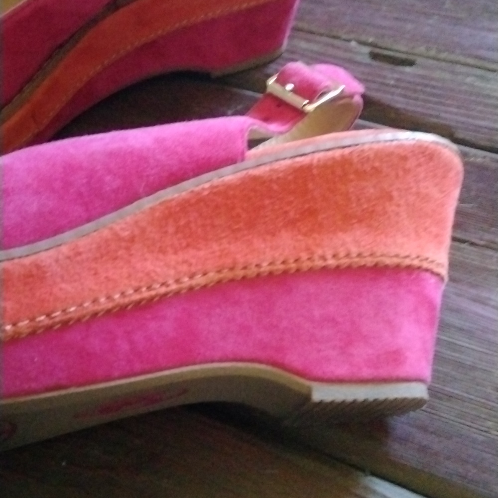 Sofft Pink and Orange Suede Wedge Sandals - Picture 2 of 8